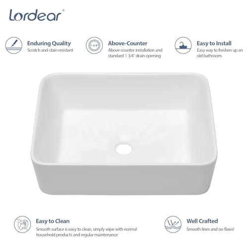 Lordear 19-Inch Rectangular Vessel Sink - Fashionable White Above Counter Toilet Sink, Porcelain Ceramic Self-importance Basin (19x15 Inch)