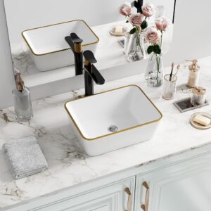 Rectangular Rest room Vessel Sink – Hugsleek 16 x 12 inch White Porcelain Ceramic Sink with Gold Rim for Above Counter Set up – Toilet Vainness Sink Bowl Basin