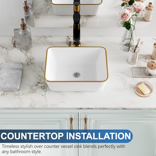 Rectangular Rest room Vessel Sink - Hugsleek 16 x 12 inch White Porcelain Ceramic Sink with Gold Rim for Above Counter Set up - Toilet Vainness Sink Bowl Basin