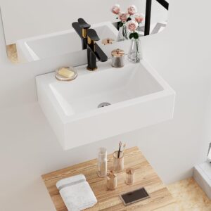 Wall-Mounted Floating Lavatory Vessel Sink, Hugsleek 16 x 12 Inch Rectangular White Porcelain Ceramic Sink for Toilet Vainness and Restroom