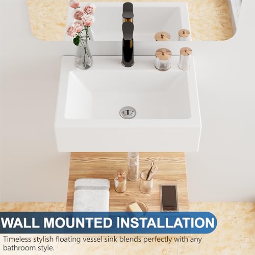 Wall-Mounted Floating Lavatory Vessel Sink, Hugsleek 16 x 12 Inch Rectangular White Porcelain Ceramic Sink for Toilet Vainness and Restroom